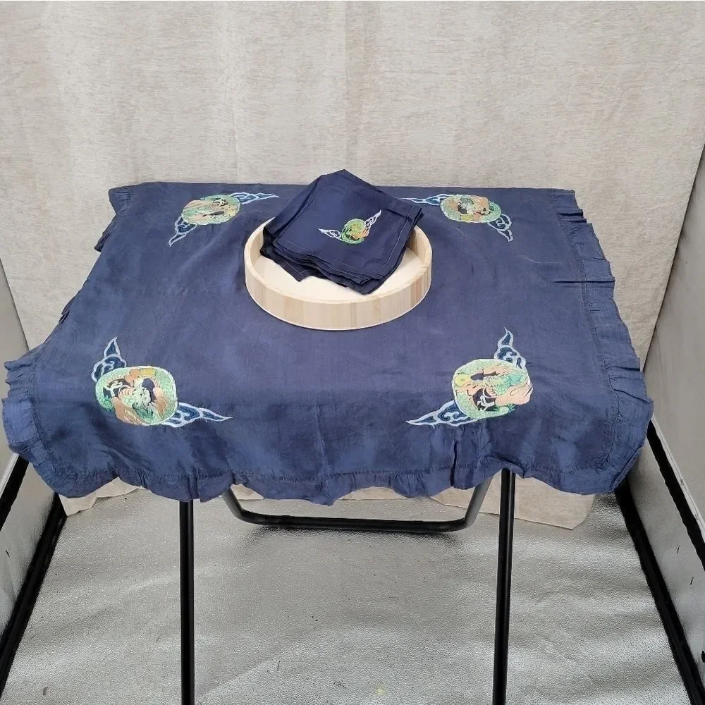 Silk Asian Fire Dragon Table Blue Embroidered Table Scarf and 4 Napkins